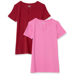Amazon Essentials Women's Classic-Fit Short-Sleeve V-Neck T-Shirt  Pack of 2  Burgundy/Pink  Large