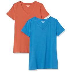Amazon Essentials Women's Classic-Fit Short-Sleeve V-Neck T-Shirt  Pack of 2  Terracotta/Blue  X-Large