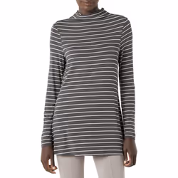 Amazon Essentials Women's Jersey Long-Sleeve Mock Neck Swing Tunic (Previously Daily Ritual) Charcoal Heather/White Stripe ...