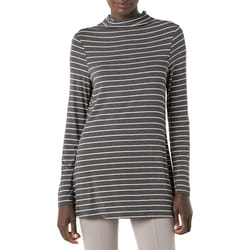 Amazon Essentials Women's Jersey Long-Sleeve Mock Neck Swing Tunic (Previously Daily Ritual)  Charcoal Heather/White  Stripe  Large