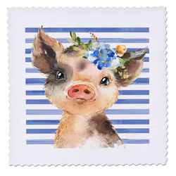 3dRose 14x14 inch Quilt Square  Cute Blue Floral Baby Pig On Blue Stripes Illustra