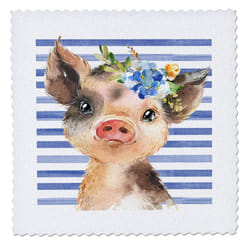 3dRose 14x14 inch Quilt Square  Cute Blue Floral Baby Pig On Blue Stripes Illustra