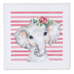 3dRose 18x18 inch Quilt Square  Cute Image of Watercolor Floral Baby Girl Elephant