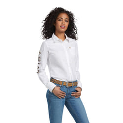 Ariat Female Team Kirby Stretch Shirt White W/ Leopard Logo Small