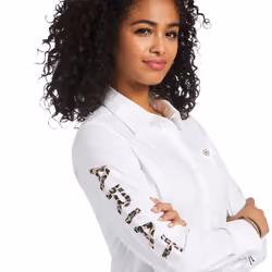 Ariat Female Team Kirby Stretch Shirt White W/ Leopard Logo Small
