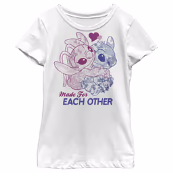 Disney Lilo Stitch Angel Together Girl's Solid Crew Tee  White  Small