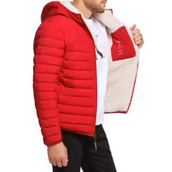 Calvin Klein Mens Hooded Down Jacket  Quilted Coat  Sherpa Lined  Deep Red  Large