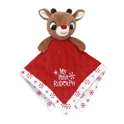 Baby Plush Rattle Snuggle Blanket with Satin and Embroidery  My First Rudolph (Christmas Red  12 inch)