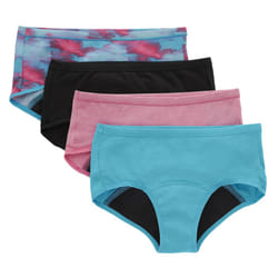 Hanes Girls' Big Comfort Underwear  Hipster Period Panties  Moderate Protection  4-Pack  Boyshort-Pink/Blue/Black-4 Pack  12