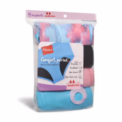 Hanes Girls' Big Comfort Underwear  Hipster Period Panties  Moderate Protection  Boyshort - Pink/Blue/Black - 4 Pack  16