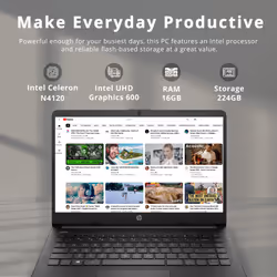 HP Stream 14"" HD Lightweight Laptop  Intel Celeron N4120  16GB RAM  224GB Storage(64GB eMMC + 160GB Docking Station)  Intel UHD Graphics  H