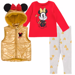 Disney Minnie Mouse Little Girls Zip Up Vest Puffer T-Shirt and Leggin