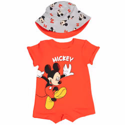 Disney Mickey Mouse Newborn Baby Boys Romper and Bucket Sun Hat Red 0-3 Months