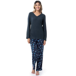 Fruit of the Loom Women's Waffle V-Neck Top and Flannel Pant Sleep Set  Midnight Blue/Starflake  Medium