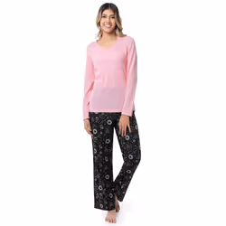 Fruit of the Loom Women's Waffle V-Neck Top and Flannel Pant Sleep Set  Soft Pink/Cosmic Sky  Large