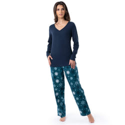 Fruit of the Loom Women's Waffle V-Neck Top and Flannel Pant Sleep Set  Navy/Snowflake  Large