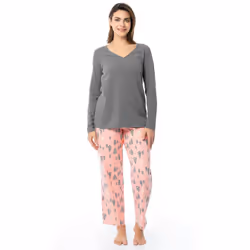 Fruit of the Loom Women's Waffle V-Neck Top and Flannel Pant Sleep Set Heather Grey/Snowy Trees X-Large