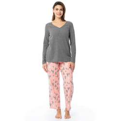 Fruit of the Loom Women's Waffle V-Neck Top and Flannel Pant Sleep Set  Heather Grey/Snowy Trees  X-Large