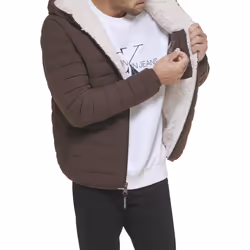 Calvin Klein Men's Hooded Down Jacket  Quilted Coat  Sherpa Lined  Bro