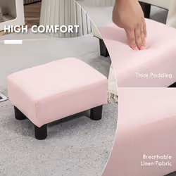 HOMCOM Ottoman Foot Rest  Small Foot Stool with Linen Fabric Upholstery and Plastic Legs  Cube Ottoman for Living Room  Pink