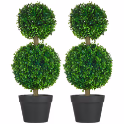 HOMCOM Set of 2 23.5"""" Artificial Ball Boxwood Topiary Trees with Pot  Indoor Outdoor Fake Plants for Home Office & Living  ...