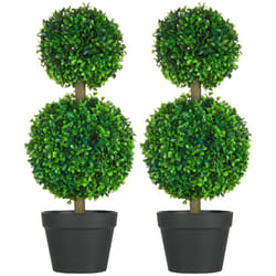 HOMCOM Set of 2 23.5"""" Artificial Ball Boxwood Topiary Trees with Pot  Indoor Outdoor Fake Plants for Home Office & Living Room Decor