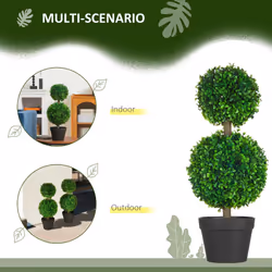 HOMCOM Set of 2 23.5"""" Artificial Ball Boxwood Topiary Trees with Pot  Indoor Outdoor Fake Plants for Home Office & Living Room Decor