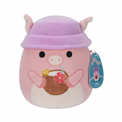 SQCR05382 7.5-Inch-Peter The Pink Pig with Tropical Drink and Bucket Hat, Multicolour