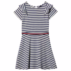 Tommy Hilfiger Girls' Short Sleeve Striped Dress  Egret Ruffle  12-14