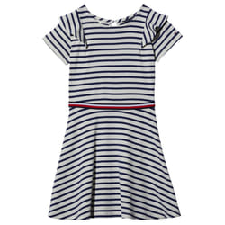Tommy Hilfiger Girls' Short Sleeve Striped Dress  Egret Ruffle  12-14