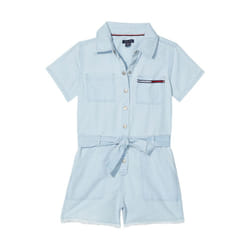 Tommy Hilfiger Girls' Denim Romper with Tie Front Belt and Snap Closur