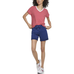 Tommy Hilfiger Women's Striped Shirttail Hem Woven Patch T-Shirt  Scar