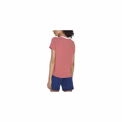 Tommy Hilfiger Women's Striped Shirttail Hem Woven Patch T-Shirt  Scar