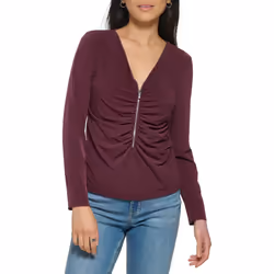 Calvin Klein Women's Everyday Matte Jersey Long Sleeve Ruched Zip Fron