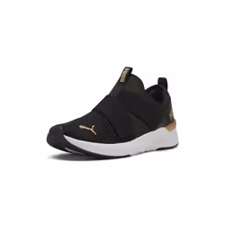PUMA Women's Softride Harli Slip On Training Shoes Black-White-Gold 7.5