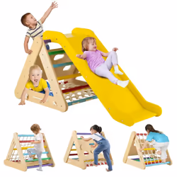 4-in-1 Triangle Climbing Set Wooden Toddler Climber with Ramp Sliding Board