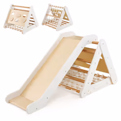 4-in-1 Triangle Climbing Set Wooden Toddler Climber with Ramp Sliding Board