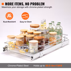 VEVOR 11""W x 21""D Pull Out Cabinet Organizer  Heavy Duty Slide Out Pantry Shelves  Chrome-Plated Steel Roll Out Drawers  Sliding Drawer Storage for