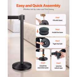VEVOR Stanchion Post  4 Pcs Stanchions with Retractable Belts  Carbon Steel Black Stanchions Queue with Sand Injection Hollow Base  Crowd Control Barr