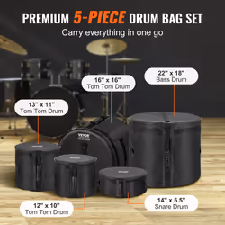VEVOR 5-Piece Drum Bag Set Padded Drum Cases 1680D Oxford Fabric Foldable