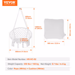 VEVOR Hanging Hammock Swing, 330 lbs Capacity, Macram? Hanging Chair with Cushion and Mounting Hardware, Cotton Rope Swing for Bedroom, Balcony,