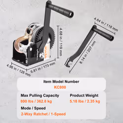 Hand Winch, 800 lbs Pulling Capacity, Boat Trailer Winch Heavy Duty Rope Crank with 33 ft Steel Wire Cable and Two-Way Ratchet, Manual Operated Hand - Additional view 6