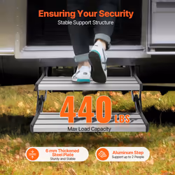 RV Steps  2-Step  Manual Retractable RV Stairs  440 LBS Load Capacity  Foldable Aluminum Alloy Steps  Thickened Steel Plate  Non-Slip Steps for Securi