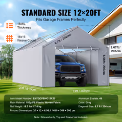 VEVOR Carport Replacement Canopy Car Tent - Sides 12x20 ft, Grey