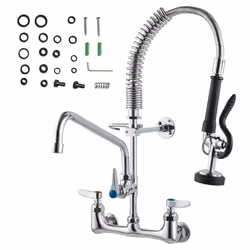 VEVOR Commercial Faucet with Pre-Rinse Sprayer  21"" Height  8"" Center  12"" Swing Spout  Wall Mount Kitchen Sink Faucet  Brass Constructed Device wi