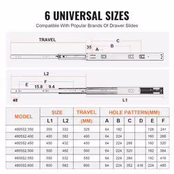 VEVOR 6 Pairs 20 Inch Soft Close Drawer Slides 14 16 18 20 22 24 Inch Heavy Duty Side Mount Rails Ball Bearing Full Extension Noiseless Dresser Drawer