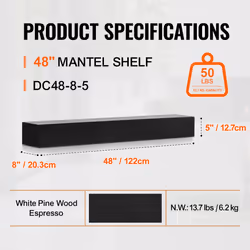 VEVOR Fireplace Mantel Wood Shelf Floating Rustic Mantel Shelf - 48", dark brown