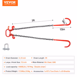 G80 V Bridle Chain, 3/8" x 3' Towing Chain Bridle with 15" J Hooks and Grab Hooks, Heavy Duty Transport Tow Chain Bridle with 15600 lbs Safe Working - Additional view 6