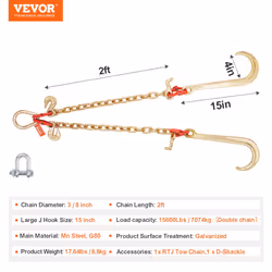 G80 V Bridle Chain, 3/8" x 2' Towing Chain Bridle with 15" J Hooks, T Hooks & Grab Hooks, Heavy Duty Transport Tow Chain Bridle with 15600lbs Safe - Additional view 6