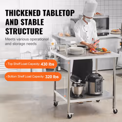 Stainless Steel Work Table 24 x 36 x 38 Inch, with 4 Wheels, 3 Adjustable Height Levels, Heavy Duty Food Prep Worktable for Commercial Kitchen